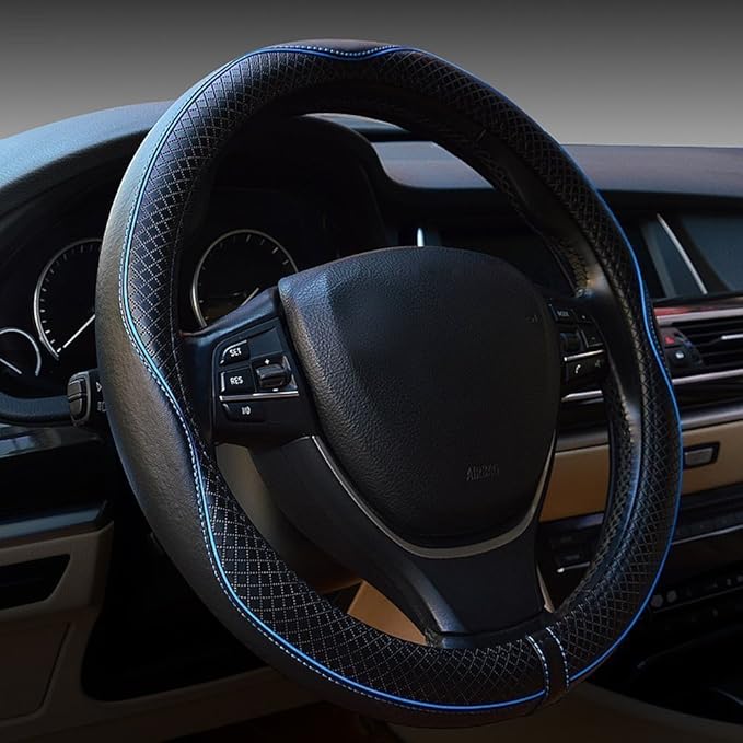 Car Steering Wheel Cover, Anti-Slip, Safety, Soft, Breathable, Heavy Duty, Thick, Full Surround, Sports Style (Black Blue)