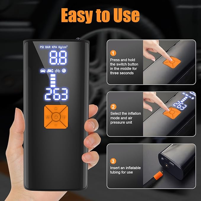 Tire Inflator Portable Air Compressor,Tire Inflators Portable Cordless Air Pump with Gauge for Car tires Digital LCD for Car,Motorcycle,Bike Tires and Balls