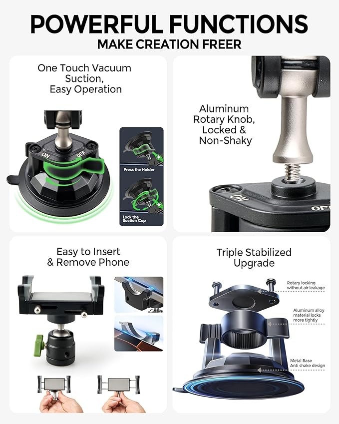 leepiya Phone Mount for car, 360° Adjustable Dashboard Windshield Car Phone Holder Mount, Ultra-Durable Metal,car Mount for Camera vlogging, Car Phone Mount for iPhone Samsung All Smartphones
