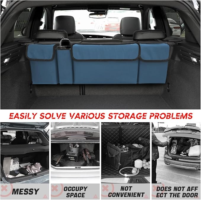 BELOMI Car Trunk Organizer, Auto Waterproof Sturdy Backseat Hanging Large Storage Collapsible Cargo Bag with Anti-Slip Adjustable Strip&4 Pockets, Vehicle Interior Accessories for Man Woman (Blue)