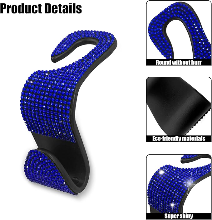 OSIFIT 2PCS Car Seat Hooks, Bling Car Rhinestone Headrest Hooks, Universal Bling Car Interior Accessories, for Handbag, Clothes, Purse, Water Bottle (Blue)