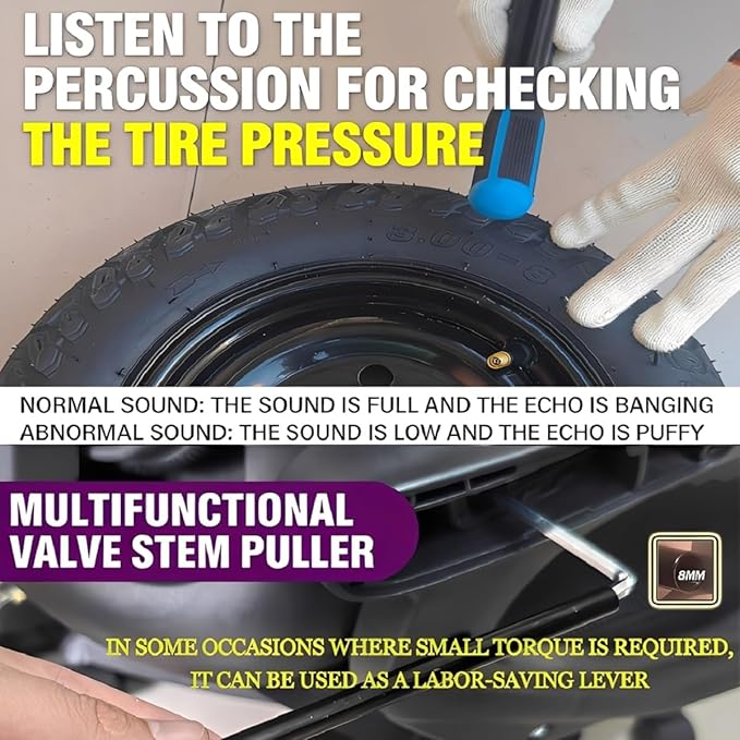 Valve Stem Removal Tool with Heavy Duty Hook & Longer Puller,Tire Valve Stem & Core Replacement Installation Tool Kit,without Tire Removal,Tire Pressure Checking, for Cars Motorcycles Lawn Mowers ATVs