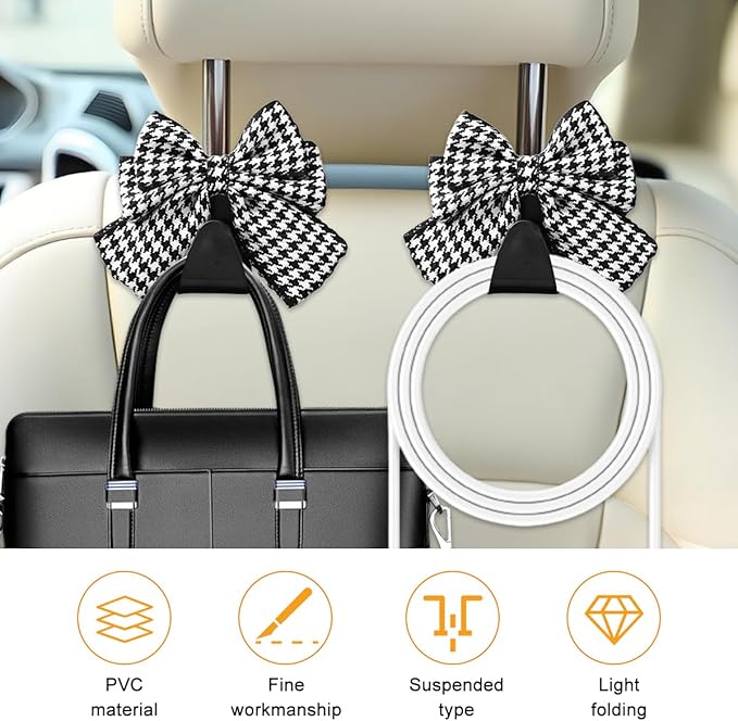 Cute Bow Car Seat Headrest Hooks, 2PCS Multifunctional Vehicle Rear Seat Hanging Hooks, Automotive Interior Seatback Storage Organizer for Purses Bags, Universal Fit (Black/Houndstooth)