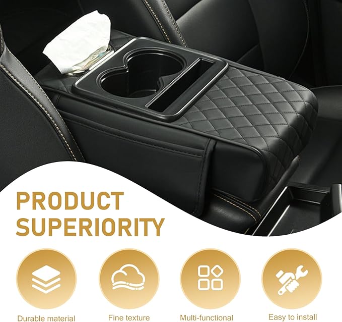 1 PC Car Center Console Cover Organizer, Car Armrest Box Height Increase Pad with 2 Cup Holders and 1 Tissue Box, Highly Elastic Sponge 3.15" H Armrest Booster Cushion for Cars (Black)