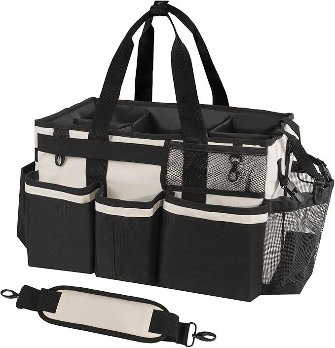 Wearable Cleaning Caddy, Cleaning Caddy Supplies Organizer with Handle & Shoulder Straps for Housekeepers, Under Sink & Car Cleaning Tool Organizers Bag with 4 Foldable Divider (Beige)