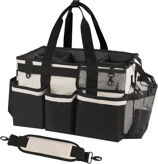 Wearable Cleaning Caddy, Cleaning Caddy Supplies Organizer with Handle & Shoulder Straps for Housekeepers, Under Sink & Car Cleaning Tool Organizers Bag with 4 Foldable Divider (Beige)