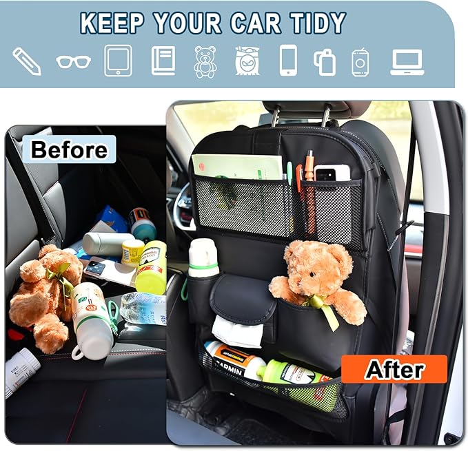Car Backseat Organizer with Foldable Table Tray – Leather Seat Protector Kick Mats for Kids & Pets, 8 Storage Pockets Travel Organizer with Touch Screen Tablet Holder for SUV Truck Family Road Trips