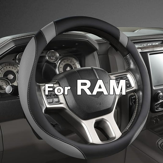 West Llama Customized Auto Car Steering Wheel Cover for Dodge RAM 1500 2500 3500, 15.5-16 inch (Black+Gray-Large Size)