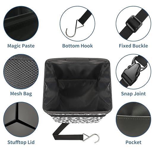 Black and Grey Leopard Trash Can with Lid - Collapsible Reusable Waterproof Garage Bag, Automotive Garbage Can, Car Accessories Interior Organizer