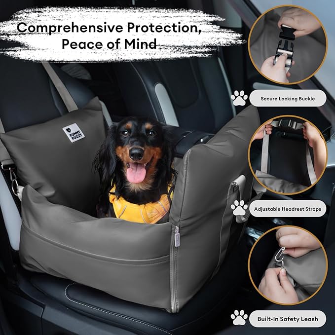 FUNNY FUZZY Dog Car Booster Seat for Small/Medium Dogs up to 25lbs – Waterproof, Non-Slip Base, Safety Leash & Fully Washable Design for Safe and Comfortable Travel (Gray)