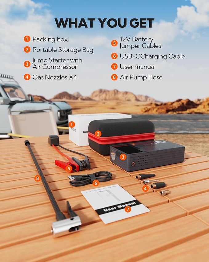 Car Battery Jump Starter with Air Compressor, Battery Jump Box with Tire Inflator,Jump Booster with Smart Jumper Cables,LED Light Emergency Car Kits for Vehicles,Arrancador Ae Batería