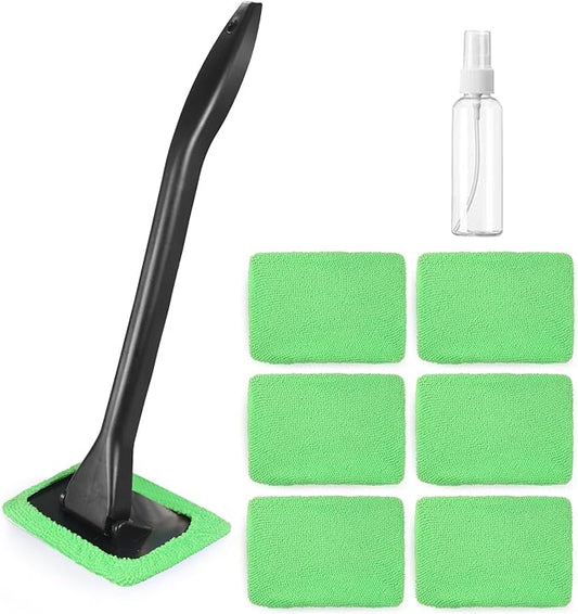 Windshield Cleaner Tool Car Window Cleaner with 6 Reusable and Washable Microfiber Pads and Extendable Handle Auto Inside Glass Wiper Kit (Green)