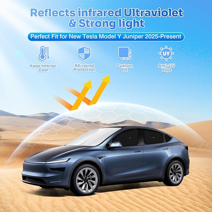 Canvcle Upgraded Window Shades for Tesla Model Y Juniper 2025 2026 Accessories with Suction Cups Windshield Sun Shade Side Rear Window Covers Sunshade Sun Shield Privacy Protection Camping Black 8PCS