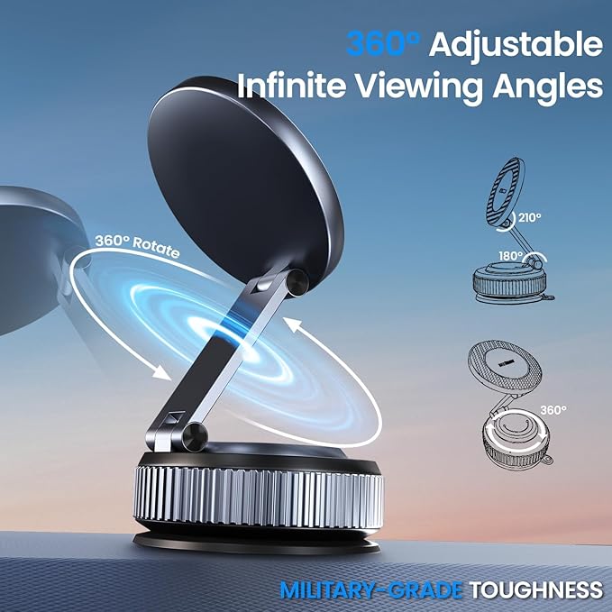Magnetic Car Phone Holder for Magsafe, Alloy 360° Folding Cell Car Phone Mount with Ultra Stable Suction Cup and Reusable Gel, Dashboard Windshield Stand for iPhone 17-12 Android Pixel Samsung