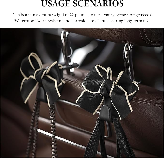 2 PCS Car Seat Headrest Hook, Cute Bowknot Multifunctional Seat Back Hook for Car, Hidden Vehicle Rear Seat Purse Hanger Hook for Women Girls, Car Interior Accessories (Black)