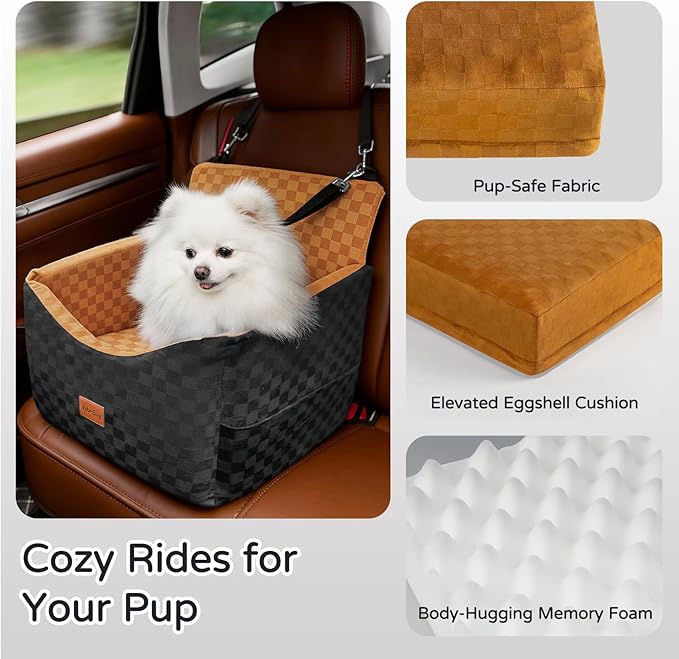 Dog Car Seat for Small Dogs, Portable Booster Seat with Memory Foam, Removable Washable Cover, Storage Pocket & Anti-Anxiety Elevated Design for Medium Dogs Under 35 lbs (Brown, Medium)