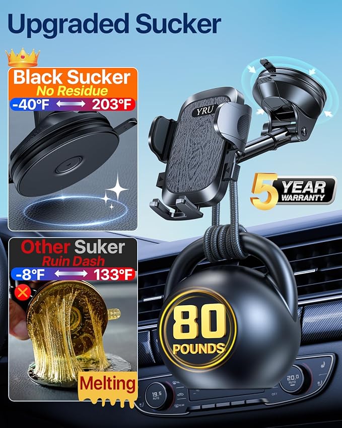 YRU True Military Grade Car Phone Holder Upgraded Strongest Rotatable Suction Cup Cell Phone Mount for Dashboard Windshield, Truck Cradle Dash Stand for iPhone 17 16 Pro Max 15 14 13 Android, Black