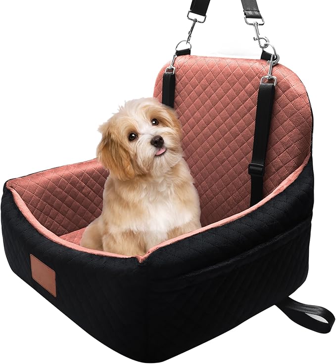 Small Dog Car Seat for Small Dogs Under 30 lbs, Memory Foam Pet Car Seat with Joint Relief & Washable Cover, Portable Travel Bed for SUV/Sedan (Black/Brown)
