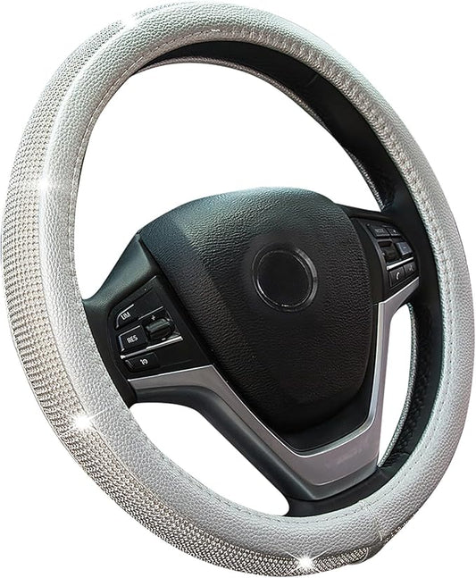 New Diamond Leather Steering Wheel Cover with Bling Bling Crystal Rhinestones, Universal Fit 15 Inch Car Wheel Protector for Women Girls Silver