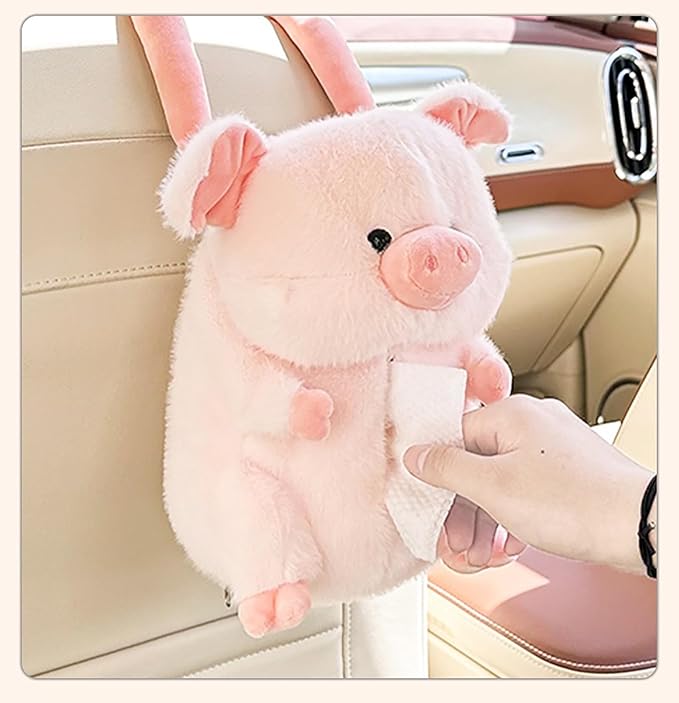 Tissue Box Cover Plush Tissue Box Holder for Car, Home, Decorative Holder/Organizer for Bathroom Vanity Countertop, Nightstands, Office Desk-Fuzzy Pig