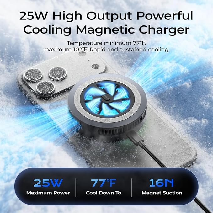 Qi2.2 Wireless Charger【25W Fast Charging+Instant Cooling】,Magnetic Charger Pad with Cooling Fan,LED Light Phone Holder Fast Charging Compatible with iphone17/16/15/14/13/12 Series