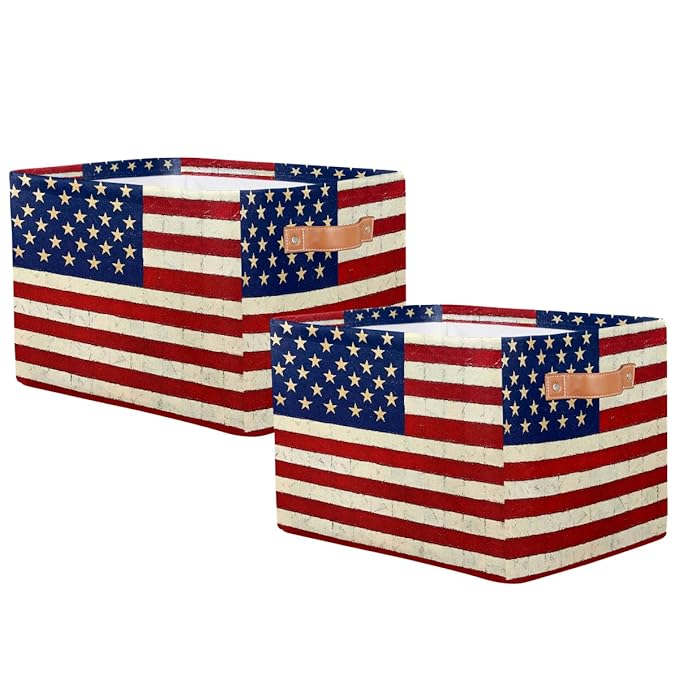 Usa Flag Storage Baskets for Organizing, Fabric Collapsible Storage Bins Box Vintage American Flag Decorative Toy Organizer Baskets for Closet Shelves Gift Basket 2Pcs