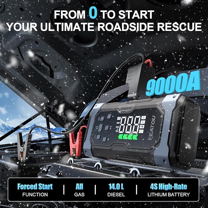High-Power 9000A Jump Starter with Air Compressor, 12V Car Battery Jump Starter, Portable Jump Box for Car(All Gas/14L Diesel) with Tire Inflator, 30W Fast Charge, Forced Boost, Smart Battery Jumper