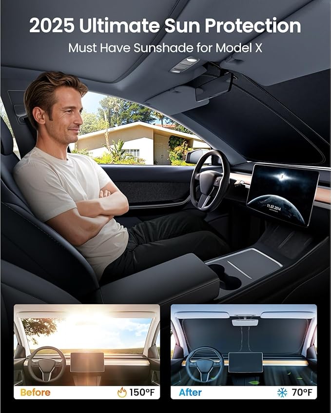 REEVAA Upgraded for Tesla Model X 2021-2026 Windshield Sunshade [Tailored Fit, 99% Sun Protection] Foldable Sun Shade Car Accessories with Storage Bag