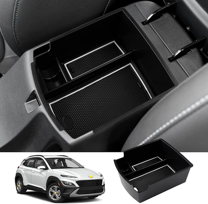 SKTU for 2018 2019 2020 2021 2022 2023 Hyundai Kona Center Console Organizer Insert ABS Black Materials 2023 Kona OS Tray Armrest Box Glove Secondary Storage Box with Coin and Glass Holder (White)