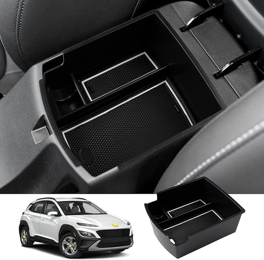 SKTU for 2018 2019 2020 2021 2022 2023 Hyundai Kona Center Console Organizer Insert ABS Black Materials 2023 Kona OS Tray Armrest Box Glove Secondary Storage Box with Coin and Glass Holder (White)