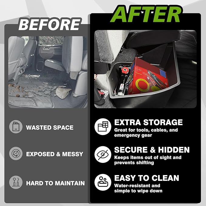 VaultsOnWheels Under Seat Storage Box Fit for 2019-2026 Chevy Silverado 1500/2500/3500HD (Not for Rear Kicker Subwoofer), Console Organizer Truck Tool Box Detachable Underseat Organizer w/TPE Mats