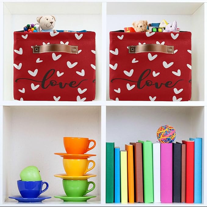 Red White Black Love Heart Storage Basket Fabric Kitchen Baskets Happy Valentine's Mother's Day Open Home Storage Bins Boxes Foldable Organizer Bag Cloth Toy Book Shelf Closet Baskets 16×12×8 Inches