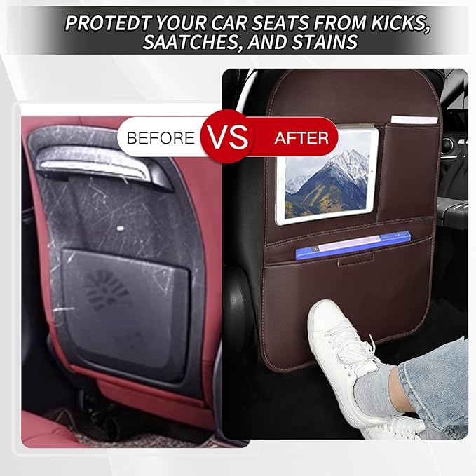 SUTSU Kick Mat Back Seat Protector， Waterproof Leather Car Seat Back Organizers Cover with 3 Storage Pockets for Kids Pets SUV Sedan Minivan Truck Car Travel Accessories (Coffee 2-pack)
