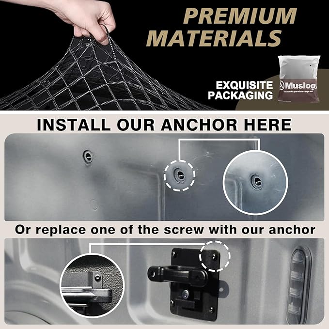 Muslogy Truck Bed Cargo Net Trunk Netting Compatible with Ford F-150 & Lightning 2015-2026 Accessories, Pickup Cargo Organizer SUV Sedan Storage Net w/Heavy Duty Carabiners