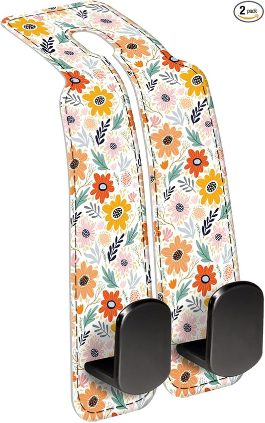 Car Seat Back Storage Headrest Hook, Premium Leather Double Metal Hook, Hanger Storage Organizer for Purse Cloth Bag, Car Interior Accessories Colorful Small Flowers