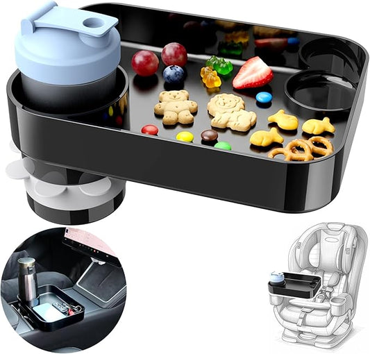 Car Seat Snack Tray for Kids, Square Car Seat Cup Holder Snack Tray with Adjustable Base, Durable CarSeat Tray for Toddlers, Universal Fit for Tesla, Safety Seats, Car Center Consoles (Black)