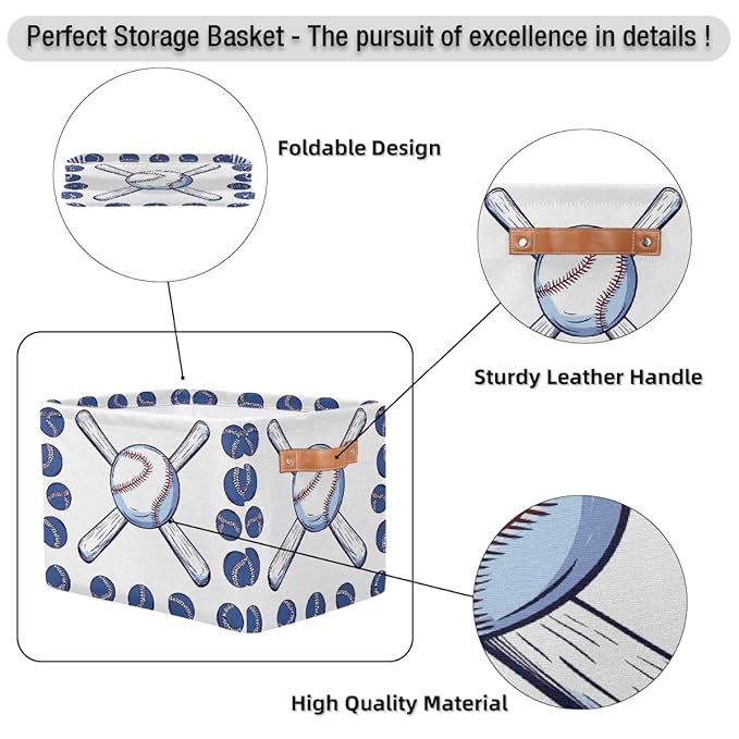 Sport Baseball Storage Baskets for Organizing, Fabric Collapsible Storage Bins Box Baseball Bat Decorative Toy Organizer Baskets for Closet Shelves Gift Basket 1 Pc