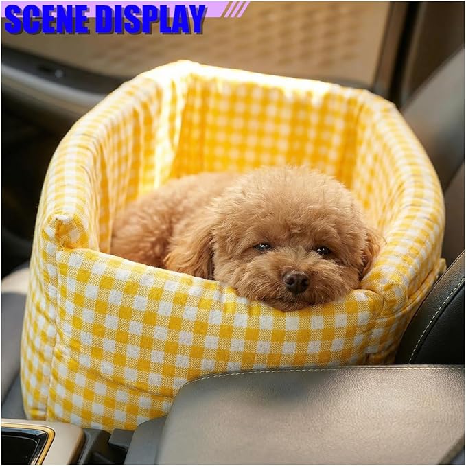 Craedli Center Console Dog Car Seat, Removable Car Armrest Box Pet Booster Seat with Safety Leash & Cushion, Washable Auto Interior Dog Carseat for Small Pets, Fit Most Cars (Yellow)