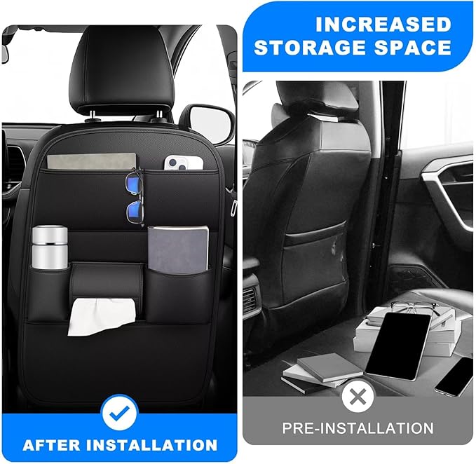 Back Seat Protector 2 Pack Fit For Toyota RAV4 Car Kick Mats with Cup & Tissue Storage Organizer Pockets Waterproof Dirt Proof Faux Leather Auto Accessories For Kids(1 Pair Black)