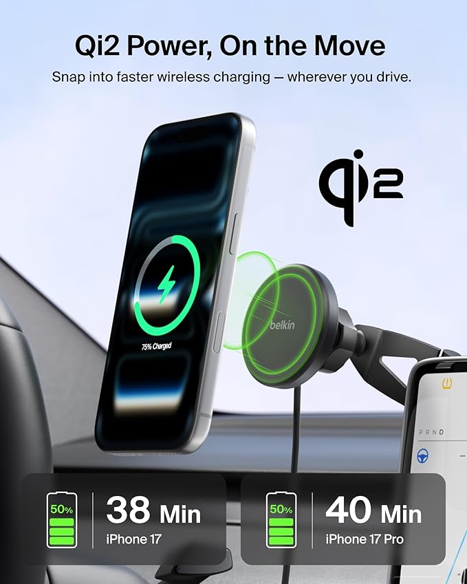 Belkin Tesla Phone Mount, Magnetic Wireless Car Mount for EV (Strong Magnet) w/ 3.3ft USB C Cable, Qi2 MagSafe Compatible Fast Charging for iPhone 17/16/15, Model 3, Model Y, etc. - Tesla Accessories