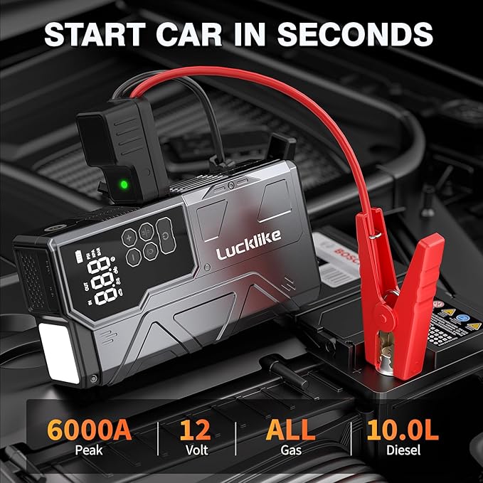Lucklike W210 Jump Starter with Air Compressor 150 PSI, 12V 6000A Peak Lithium Car Battery Jump Starter for All Gas and 10.0L Diesel, 80.66Wh Booster Jump Box Pack with LED Light, Jumper Cables