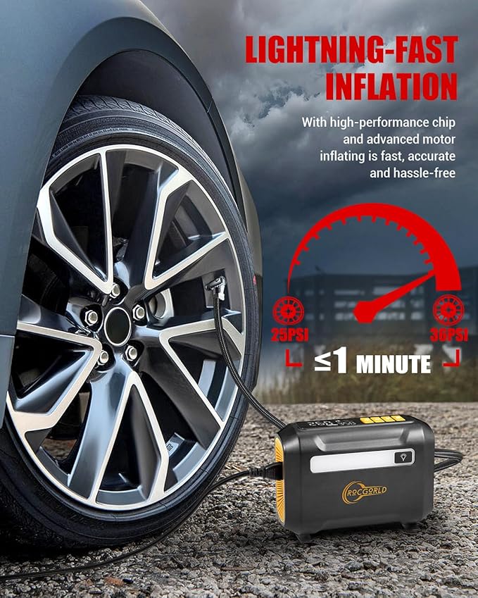 ROCGORLD R8 Tire Inflator Portable Air Compressor, DC 12V Portable Air Compressor with Large Dual Digital Screen, 3X Faster Inflation Portable Air Pump for Car Tires, Bike, Motor - Car Accessories