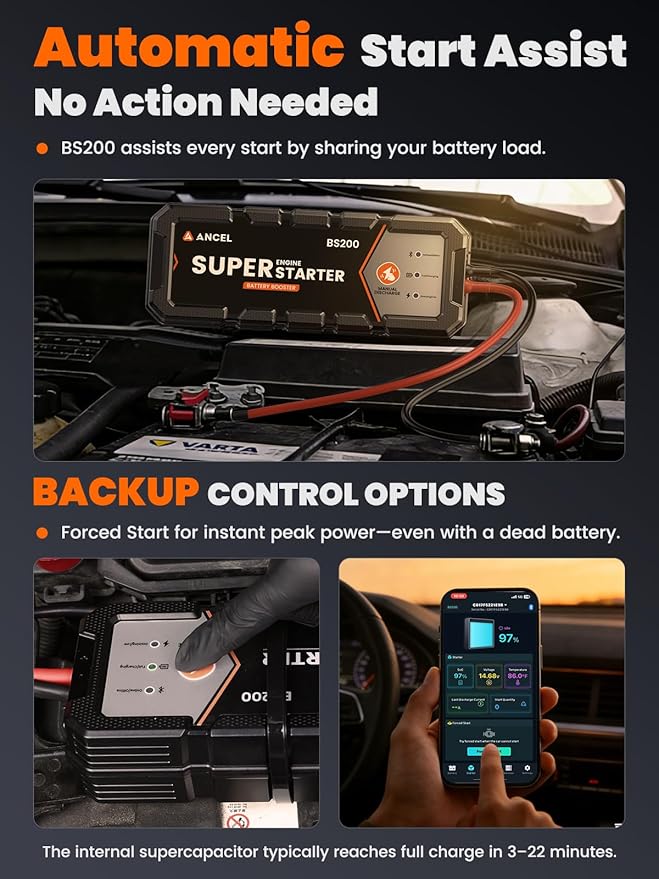 ANCEL BS200 Automatic Jump Starter - Permanent Connected Auto Starting System with Super Capacitor, Car Battery Super Starter & Battery Monitor, -40℉~176℉ Remote Jump Booster for 3.0L Vehicles