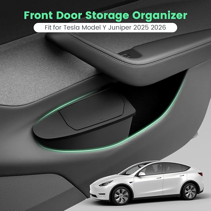 Front Door Storage Organizer Compatible with Tesla Model Y Juniper 2025 2026, 2 PCS Car Trash Can Trash Bin with Push-Open Lid Waterproof Side Door Storage Box - Black