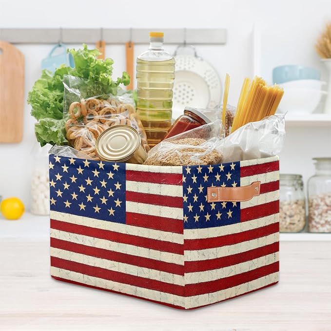 Usa Flag Storage Baskets for Organizing, Fabric Collapsible Storage Bins Box Vintage American Flag Decorative Toy Organizer Baskets for Closet Shelves Gift Basket 2Pcs