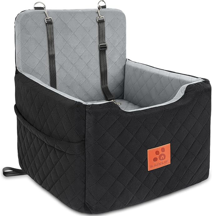 GL GLENSLAVE Dog Car Seat for Small/Medium Dogs Under 35lbs,Memory Foam Dog Booster Seats,Detachable and Washable Traval Pet Car Seat, Dogs Bed with 2 Safety Belts(Balck/Grey)