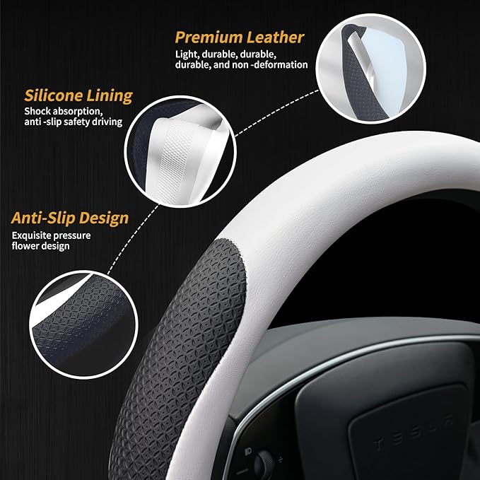 Uxcer Premium Leather Steering Wheel Cover for Tesla Model 3/Y 2016-2025 2026 Juniper/Highland, Non-Slip Breathable Tesla Model 3/Y Steering Wheel Protector, White