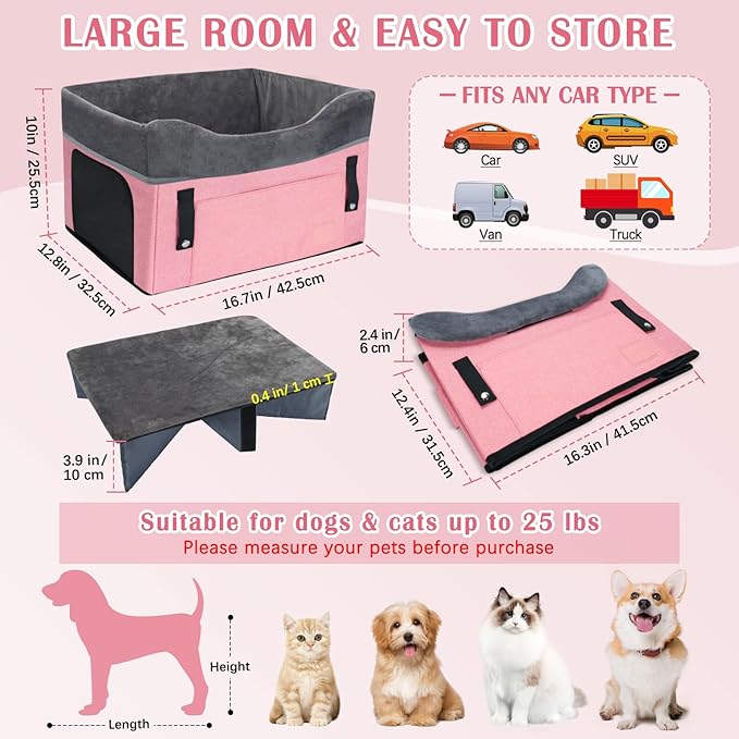 PetsHome Dog Car Seat for Small Dogs, Detachable Washable Pet Booster Seat with Storage Pocket, Breathable Mesh, Safety Leash, Adjustable Straps for Small Pets Up to 25lbs-Pink