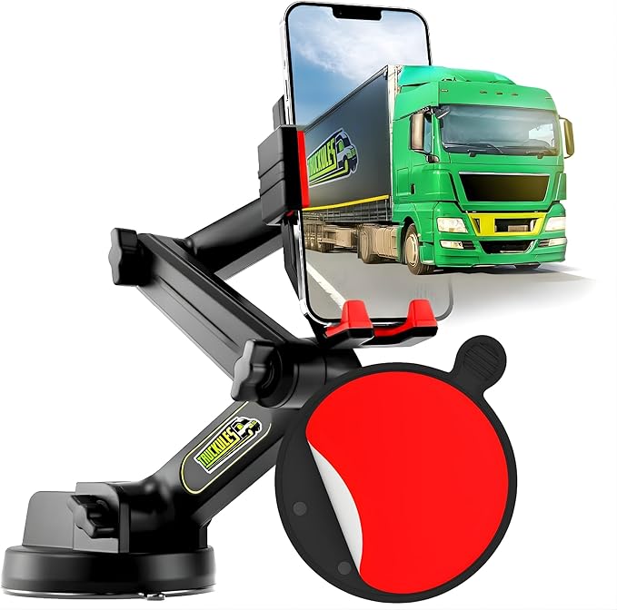 Cell Phone Mount for Truck Phone Holder for Truck Drivers - Heavy Duty Suction Cup + Dashboard Pad, iPhone Holder for Dashboard Window 16.9 inch Long, for iPhone & Samsung, Commercial Trucker, Red