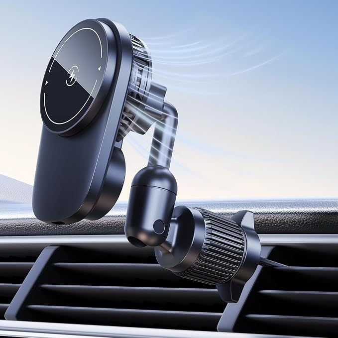 Long-arm Wireless Magnetic Car Phone Holder Mount with Cooling Fan & RGB Lights, 15W Fast Charging Auto-Rotate Charger for iPhone 17/16/15/14/13/12 S25 Samsung Google, Car Air Vent Mount